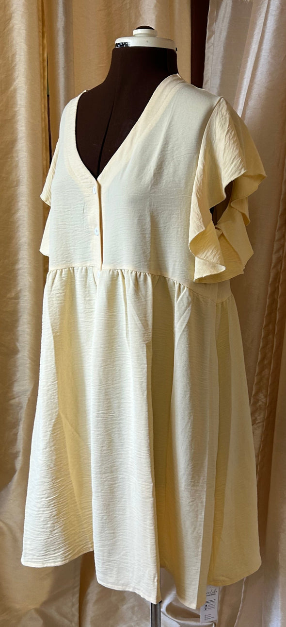 Short Sleeve Button Front Dress, Size Large, Yellow, 100% Polyester