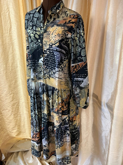 Long Sleeve Designer Dress, Print, Size Small, ViscoseAcrylic Blend,