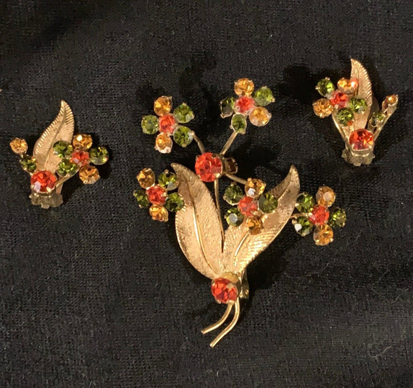 Vintage Rhinestone Flower Brooch and Earrings