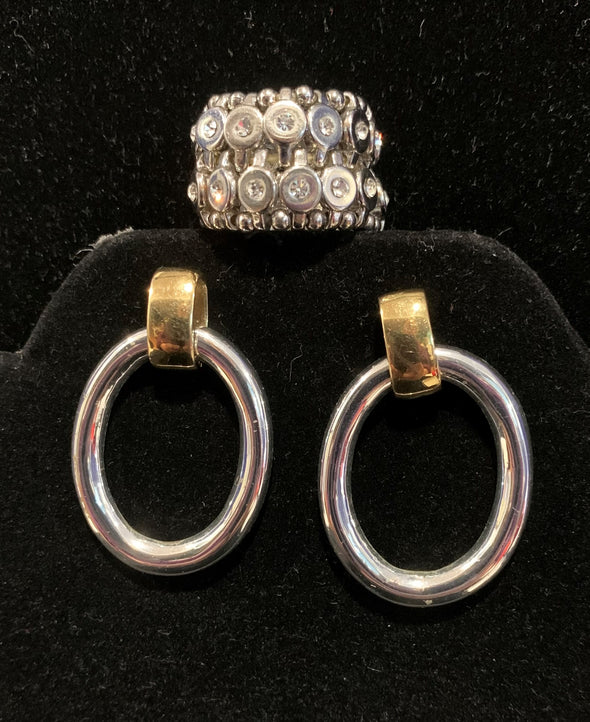 Costume Silver Earrings and Expandable Ring