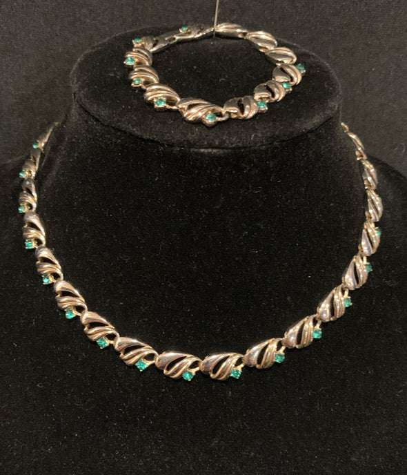 Vintage Green Rhinestone Necklace and Bracelet