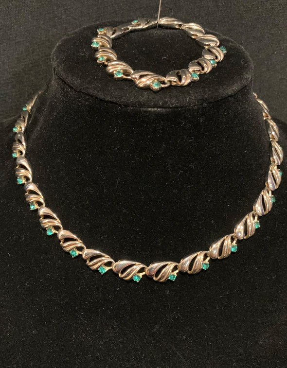 Vintage Green Rhinestone Necklace and Bracelet