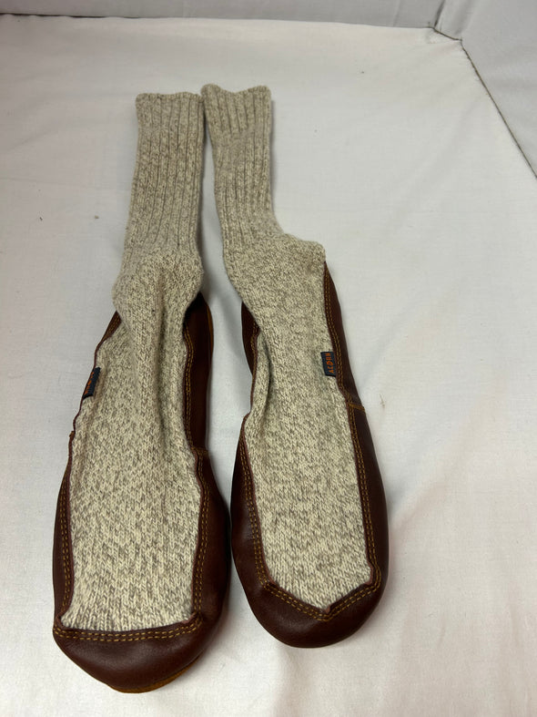 Slipper Socks, Beige, Leather Sole,  Men's Size 10, Women's 11-12, New