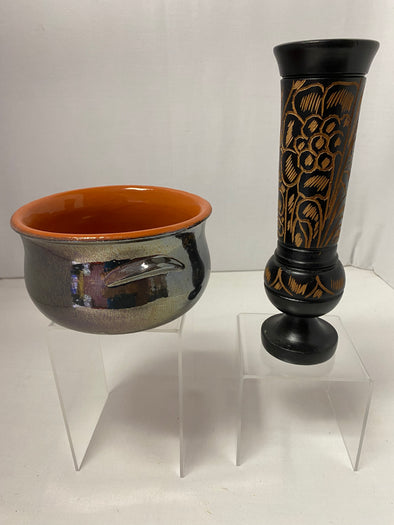 Metal Pottery & Wood Set, Black Shiny Bowl, Hand-Carved Wood Vase