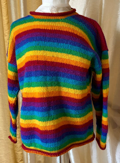 Ladies Pure Wool Hand Knit Rainbow Striped Sweater, Size Medium