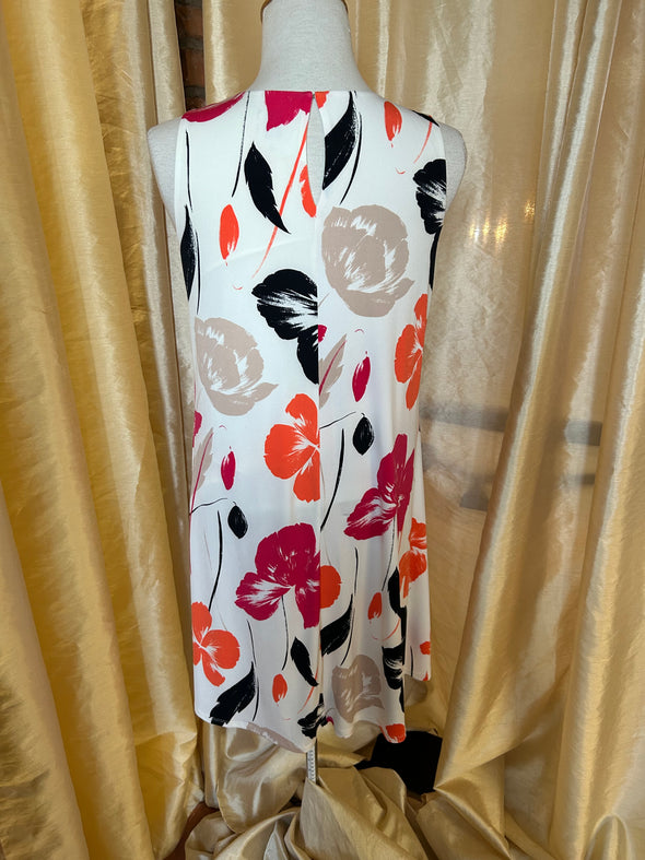 Ladies Lined White Floral Sleeveless Dress, Size 10
