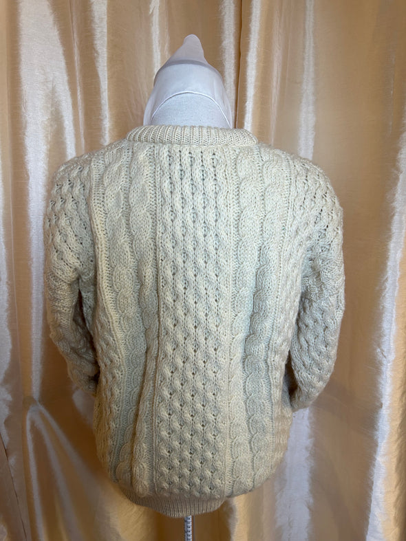 Wool Fisherman's Knit Sweater, Cream, XS, Handmade in Ireland