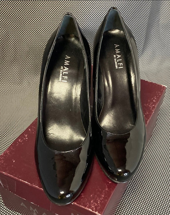 Ladies Vintage Black Varnished Leather Pumps, Size 8.5, Made in Italy, 4" Heels