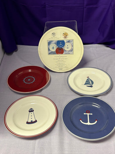 4 Vintage Coastal Print Ceramic Plates in Original Packaging