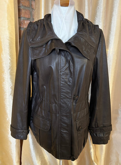Ladies Leather Jacket, Ruched Collar, Lined, Brown