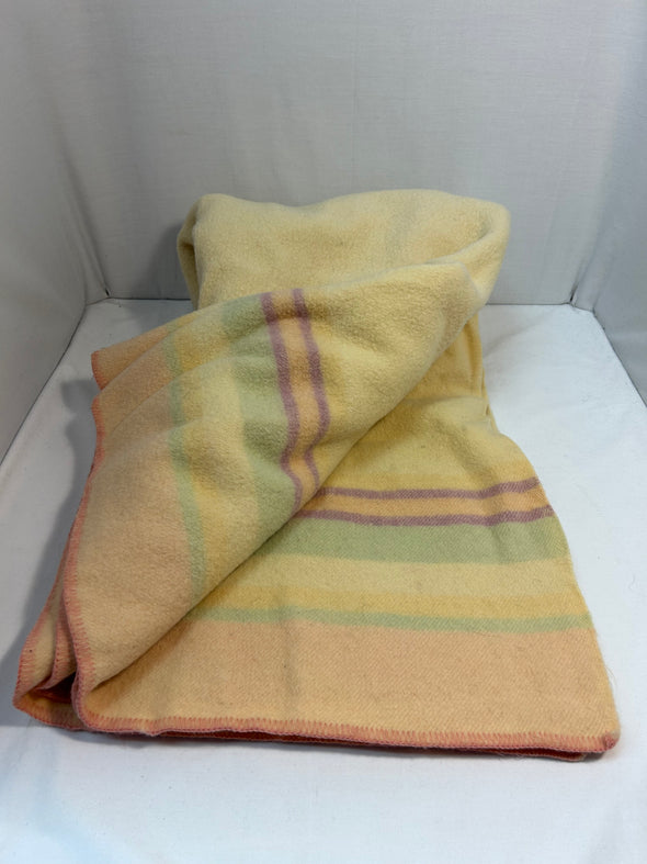 Vintage Wool Blanket, Cream With Stripes, 60" x 68"
