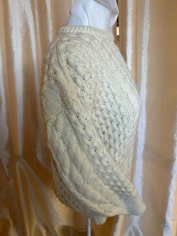 Wool Fisherman's Knit Sweater, Cream, XS, Handmade in Ireland