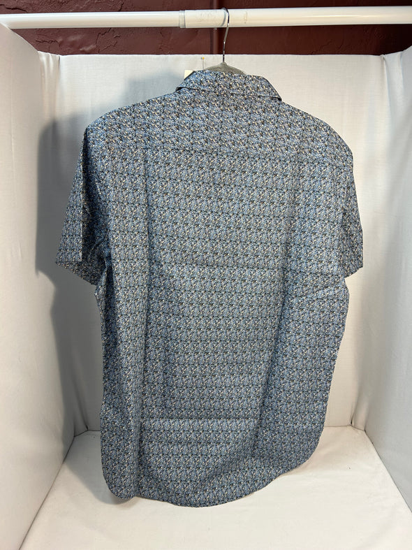 Men’s Short Sleeve Semi-Fitted Shirt, Blue Pattern Print, XL, NEW