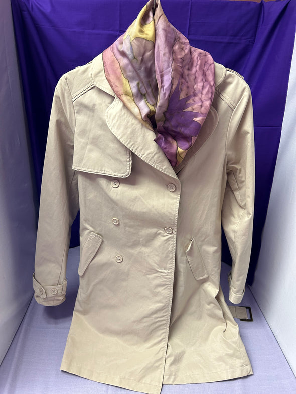 Double Breasted Trench Coat, Beige, & Batik Scarf, Size Small