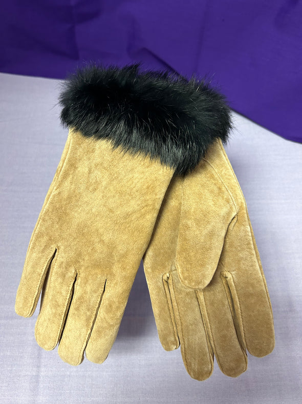 Ladies Soft Suede Camel/Black Gloves, Size Large