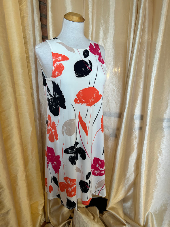 Ladies Lined White Floral Sleeveless Dress, Size 10