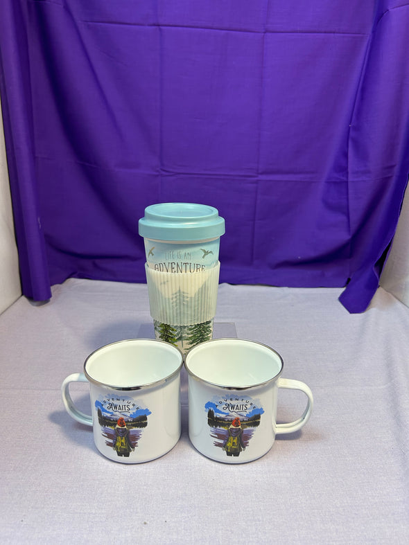 2 Metal Cups & Travel Mug With Lid