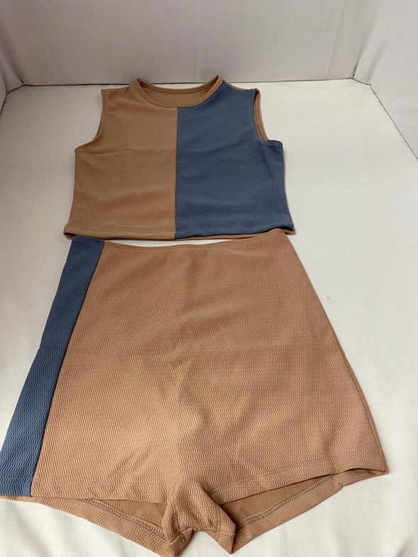 Women's 2 Piece Work Out Set XL, Pink/Grey Crop Top & Shorts
