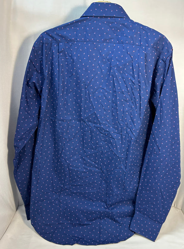 Men’s Long Sleeve Blue Print Shirt, Button Front, Size Medium