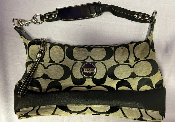 Leather Trimmed Printed Grey Canvas Shoulder Bag, 12" x 9"