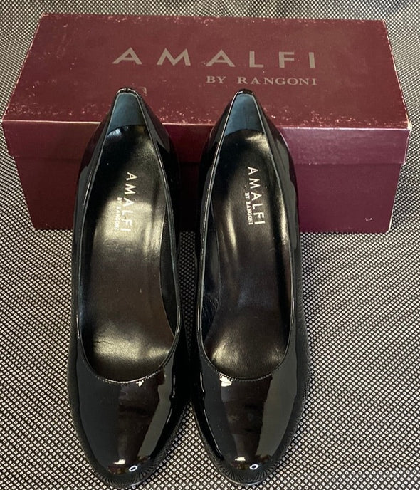 Ladies Vintage Black Varnished Leather Pumps, Size 8.5, Made in Italy, 4" Heels