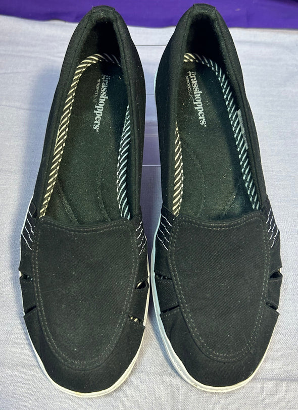 Slip-On Ladies Shoes, Black Canvas, Rubber Sole, 7W