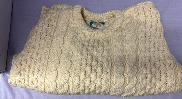 Wool Fisherman's Knit Sweater, Cream, XS, Handmade in Ireland