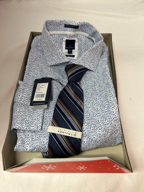 Men's Blue Floral Shirt 19" Collar, 35" Sleeve & Stripe Blue Tie, NEW