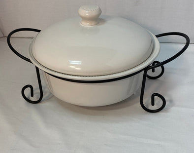Covered White Casserole Dish 11"  With Black Metal Stand