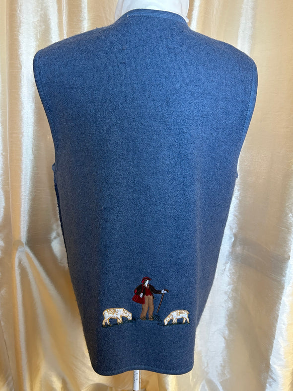 Vintage Sleeveless Felted Vest, Blue/Embroidered Detail Size Large