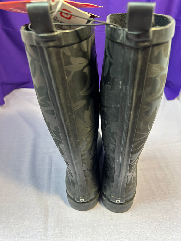 Black Floral Knee-High Rubber Boots, Size 7, 1" Heel, NEW With Tags