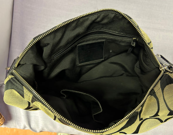 Leather Trimmed Printed Grey Canvas Shoulder Bag, 12" x 9"