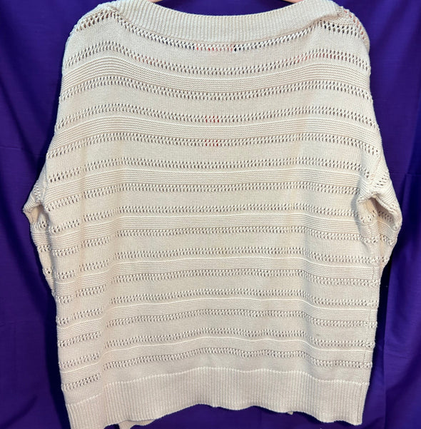 Boatneck Long Sleeve Crochet Style Pull Over Sweater, Large, Beige