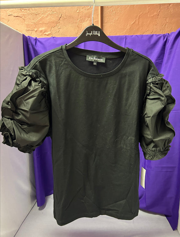 Women's Short Puffy Sleeve Blouse, Black, Size Large, NEW