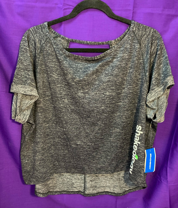 Ladies Short Sleeve Athletic Wear Top, Black/Grey, Size Large, NEW