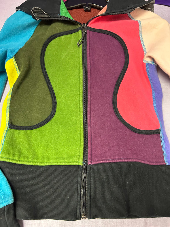 Fleece Lined Hoodie Multi Colour, Raglan Sleeve Zip Front Size Small