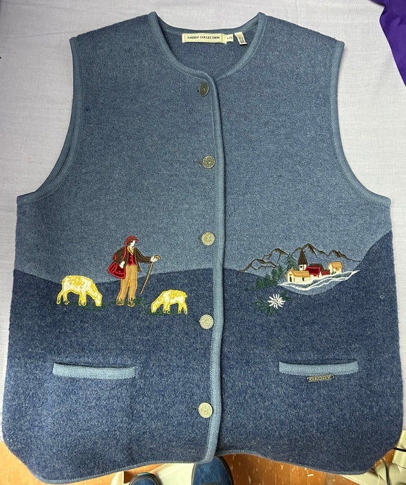 Vintage Sleeveless Felted Vest, Blue/Embroidered Detail Size Large