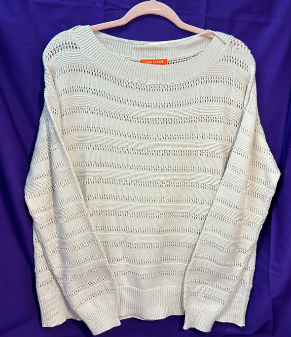 Boatneck Long Sleeve Crochet Style Pull Over Sweater, Large, Beige