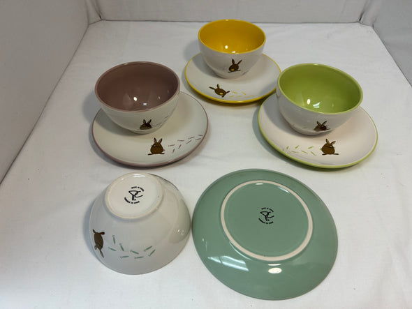 Set of 4 Stoneware Desert Plates & Bowls, Bunny Design, 8"