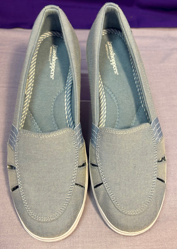 Slip-On Ladies Shoes, Blue Canvas, Rubber Sole, 7W