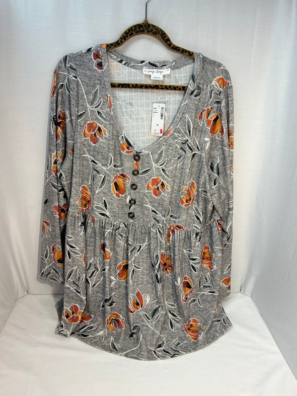 Ladies Long Sleeve Tunic Style Dress/Top, Grey, Size 1X, NEW
