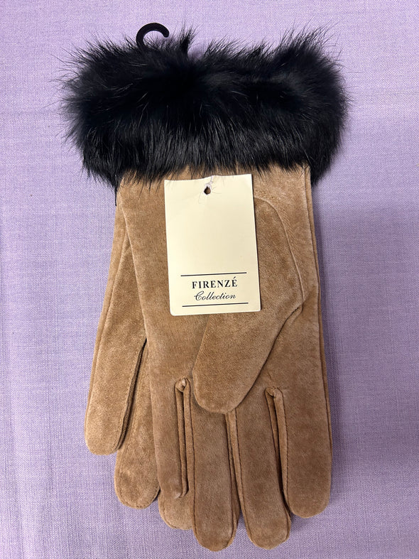 Ladies Soft Suede Camel/Black Gloves, Size Large