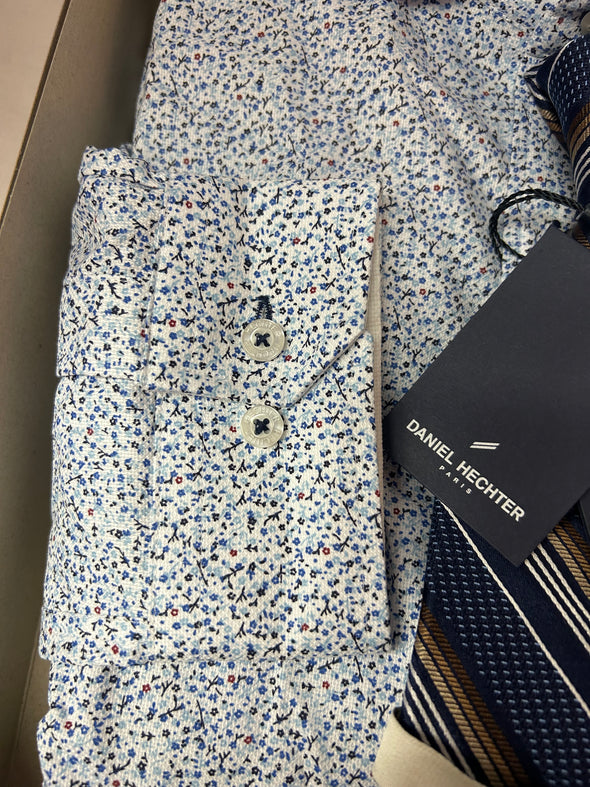 Men's Blue Floral Shirt 19" Collar, 35" Sleeve & Stripe Blue Tie, NEW