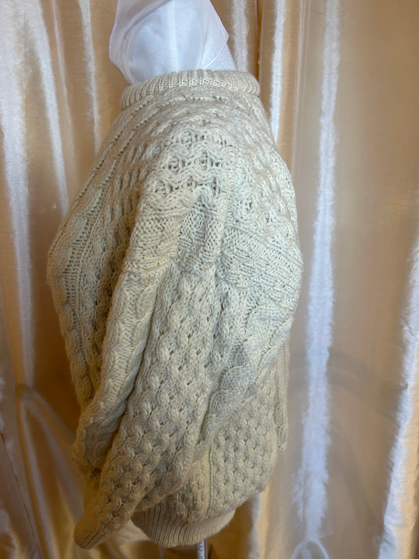 Wool Fisherman's Knit Sweater, Cream, XS, Handmade in Ireland