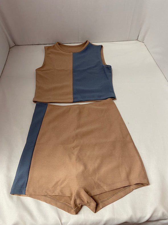Women's 2 Piece Work Out Set XL, Pink/Grey Crop Top & Shorts