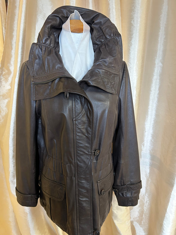 Ladies Leather Jacket, Ruched Collar, Lined, Brown